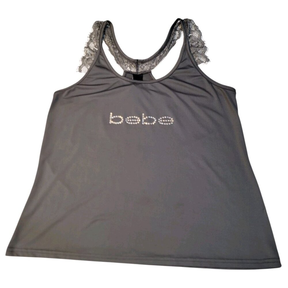 Bebe Rhinestone Logo Tank‎ Top Gray Sz M Y2K Sleeveless Lace Trim Sleepwear